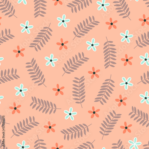 Decorative trendy vector seamless floral ditsy pattern design. Fresh elegant repeating blooming flowers and leaves background for printing and textile