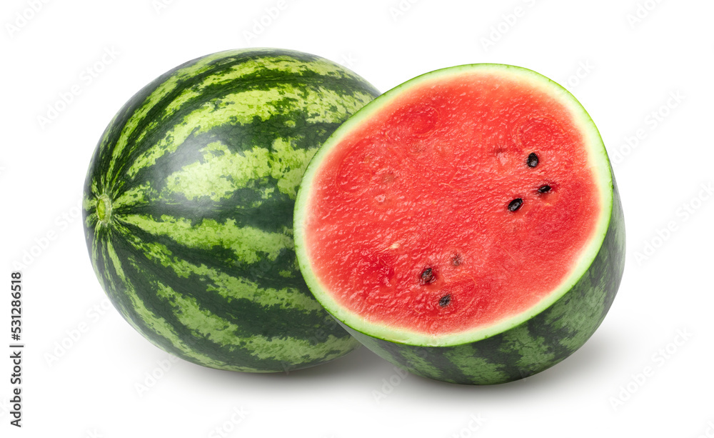 Watermelon and half isolated on white background, Watermelon macro studio photo Watermelon and half isolated on white background, Watermelon macro studio photo