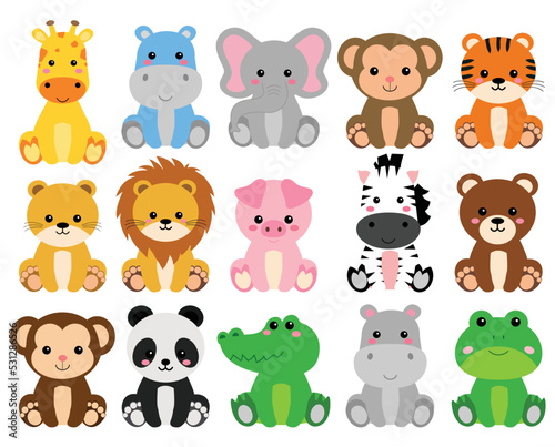 Cute wild animals set including lion, tiger, pig, bear, lioness, panda, monkey, zebra, and giraffe. Safari jungle animals vector. Woodland animal illustration	