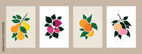 Abstract food set. Modern peach and orange graphic, vintage hand drawn pear and strawberry, autumn harvest print. Minimalist tropical plants. Wall art modern. Vector illustration background