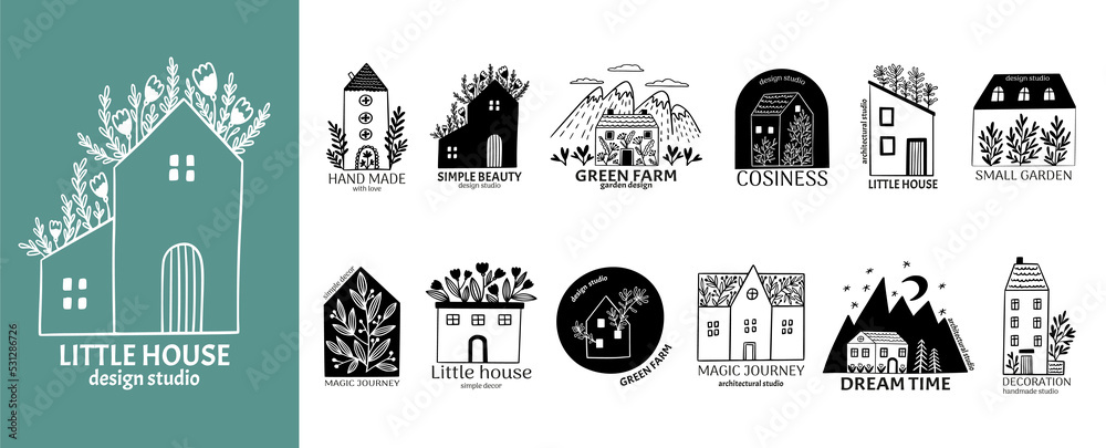 Cabin home, hand drawn logo. Barn farm design, mountain village interior, tiny forest tree, woodland garden decor. Real estate sketch, houses and plants, vector cottages landscape design