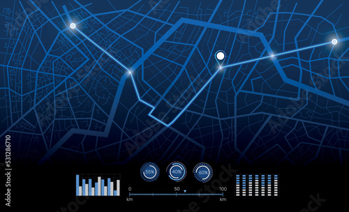 GPS map. City street road. Run navigate app. UI track icon. Town roadmap. 3D data dashboard. Urban highway plan. Pin location signs and infographics. Glowing background. Vector concept