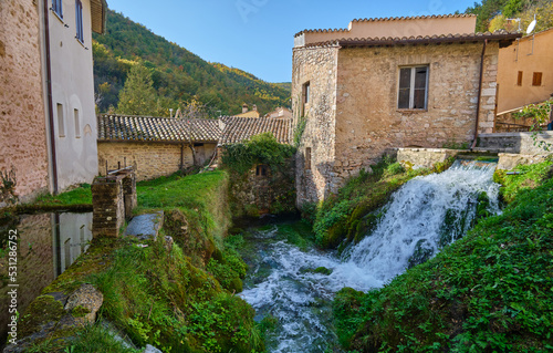 houses in the medieval village of rasiglia, umbria, italy photo