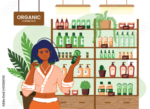 Cosmetic beauty products. Skincare shop. Woman buying skin care moisturizing creams. Makeup store. Boutique shelving. Eco shampoo. Organic serum and lotion. Vector flat illustration