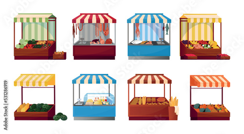 Shop booth. Grocery stall. Market place. Outdoor kiosk for fruit and bread. Craft retail. Selling fish and milk products. Wooden marketplace with striped canopy. Vector illustration set