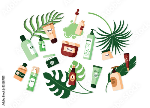 Skincare products. Beauty care. Shampoo bottles. Skin soap dispenser. Lotion or serum vial. Toothpaste tube. Organic oil. Moisturizing cream. Palm leaves. Vector cartoon cosmetics set