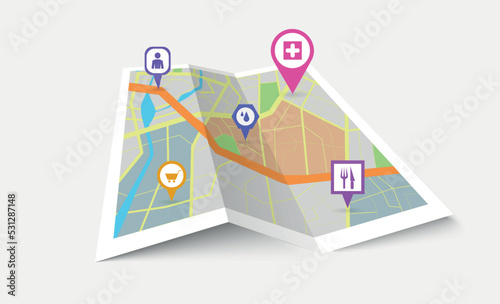 Paper city map. GPS navigation. Travel route. Pin signs. Street icon objects. Navigational equipment. Abstract district and speech bubbles. Road path. Vector urban highway scheme design
