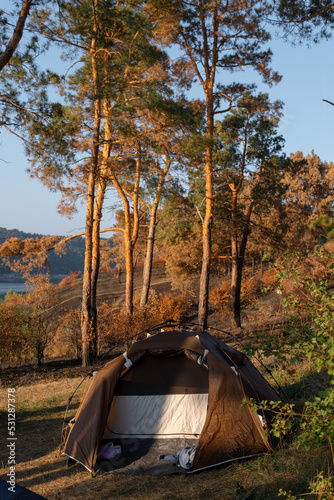 Adventures Camping tourism flash relise system tent at the pine forest landscape. outdoor in morning and sunset sky. Summer travel and vacation concept. Vertical photo. photo