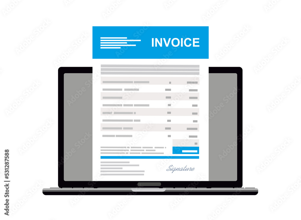 Online digital invoice laptop or notebook with bills, flat design illustration. Online digital invoice laptop or notebook with bills, flat design illustration.