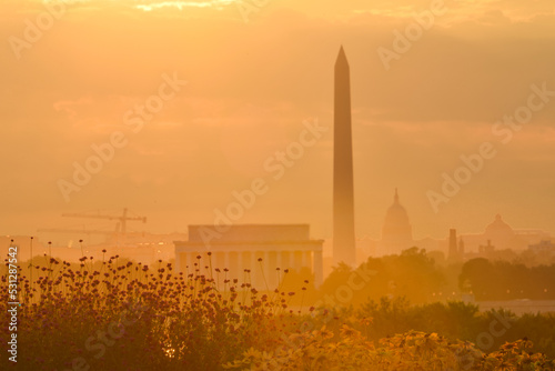 Washington D.C. skyline at sunrise with major monuments in view - Washington D.C. United States of America
