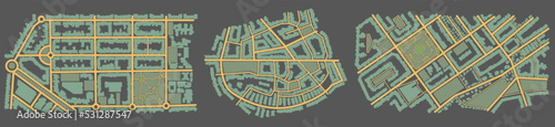 City top view. View from above the map buildings. Map navigation to own house. Top view. Abstract background. Cute simple design. Vector illustration isolated on white.
