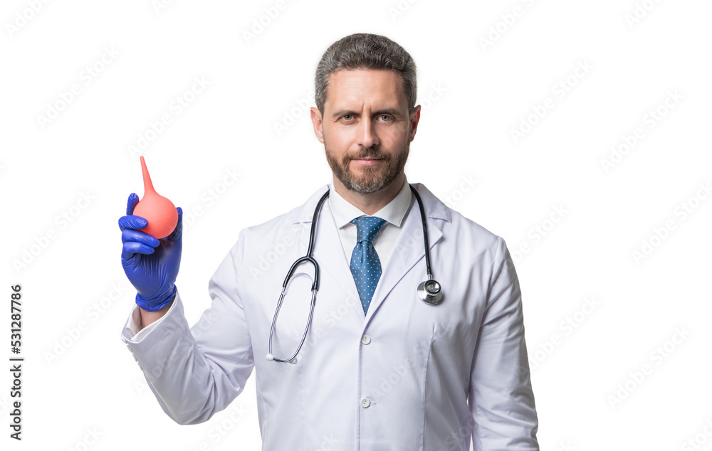 doctor hold lavement isolated on white. lavement for medical procedure. nurse man with lavement doctor hold lavement isolated on white. lavement for medical procedure. nurse man with lavement