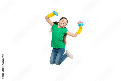 Housekeeping duties. Household concept. Helpful daughter. For sparkling results. Cleaning with sponge. Cleaning supplies. Girl wear protective gloves for cleaning hold sponges white background