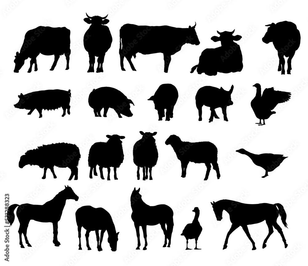 Fototapeta premium farm animals silhouettes. Cow, horse, sheep, goose, pig