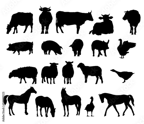 farm animals silhouettes. Cow  horse  sheep  goose  pig