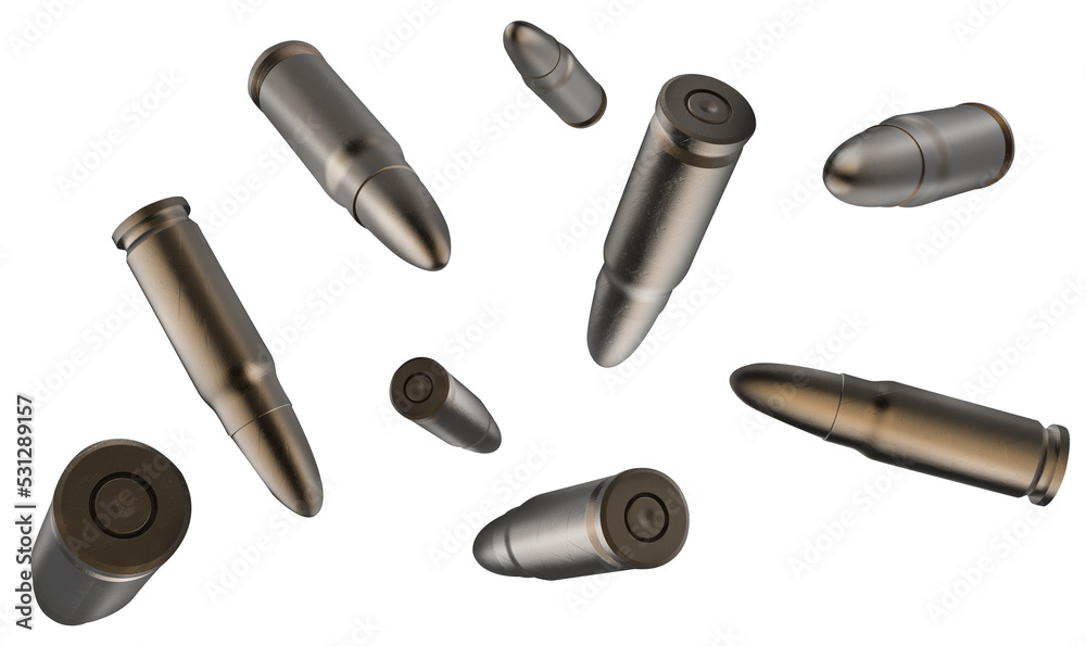 Isolated artwork illustration of various bullets or ammo falling. - obrazy, fototapety, plakaty 