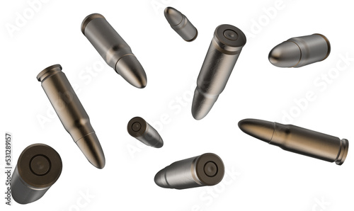 Fotografie, Tablou Isolated artwork illustration of various bullets or ammo falling.