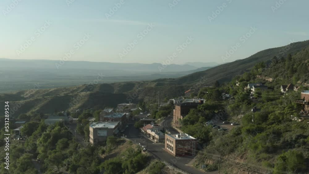 Aerial of small mining town of Jerome, Arizona at sunset in summer Aerial of small mining town of Jerome, Arizona at sunset in summer