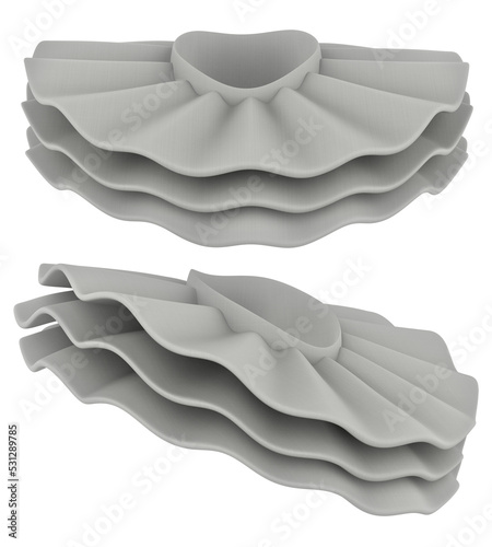 Isolated 3d render illustration of white colored layered jabot in various angles.