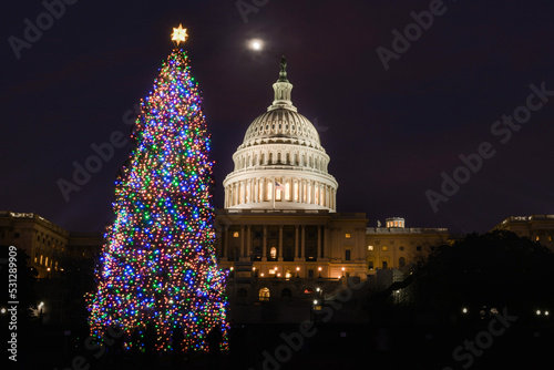 Capitol building and Christmas tree at night - Washington DC United States