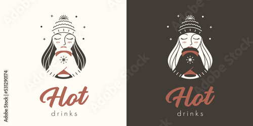 A girl in a warm hat and gloves drinks coffee or tea from a disposable paper cup. Vector illustration of hot drinks logo.