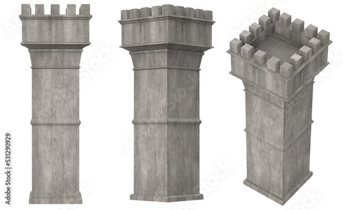 Canvastavla Isolated 3d render illustration of medieval castle or fortress tower in various angles