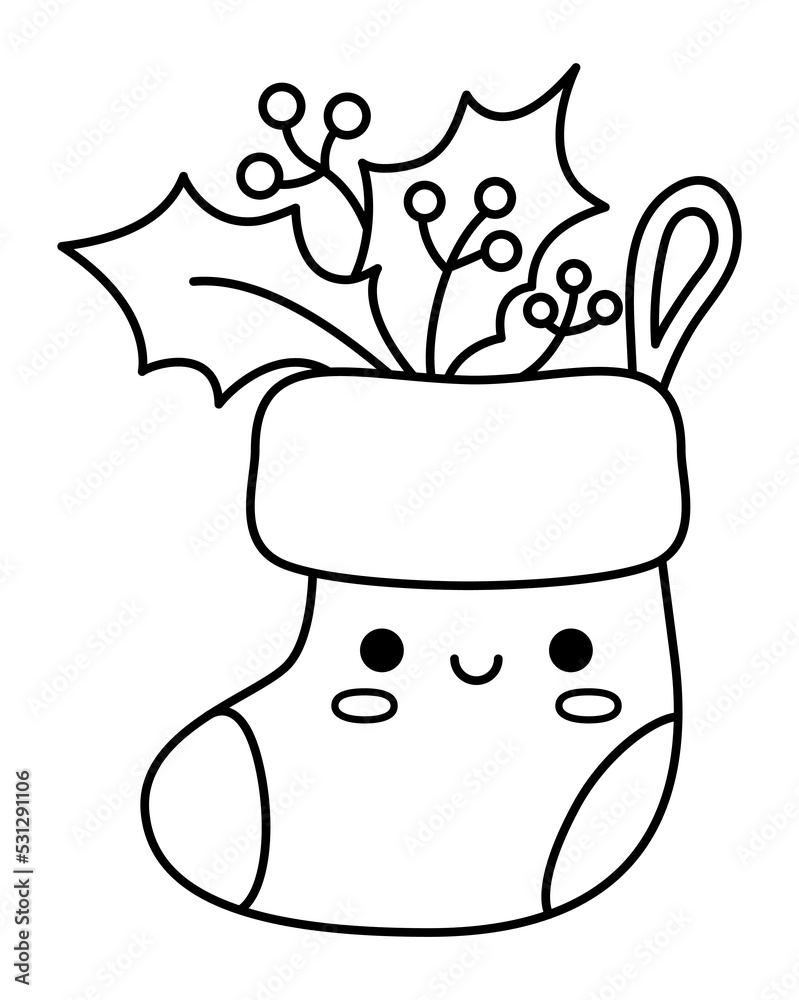 Vector black and white kawaii stocking with holly leaves and berries. Cute Christmas hanging sock illustration isolated on white background. New Year or winter line icon, coloring page.