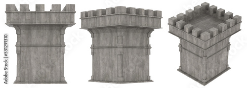 Isolated 3d render illustration of medieval castle or fortress tower in various angles.