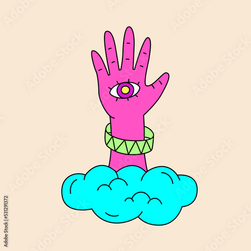 Vintage Hand with all seeing eye. Hand drawn doodle illustration. Palmistry concept