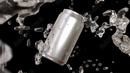 Fresh water fresh splash around metallic can with 3d rendering.Visual effect simulation illustration conceptual.
