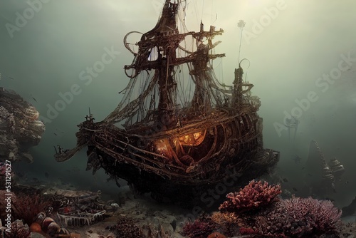 An illustration of a sunken pirate ship, treasure, ruined vessel.