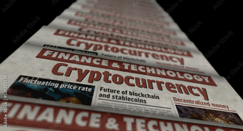 Obraz premium Cryptocurrency, blockchain and digital money newspaper printing press