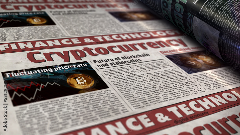 Obraz premium Cryptocurrency, blockchain and digital money newspaper printing press