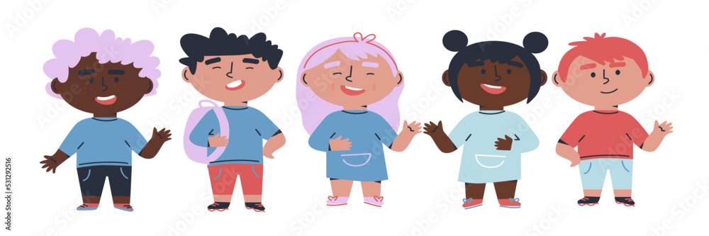 Hello school. Little boys and girls cartoon flat illustration. Back to school. Funny cartoon kids characters. Happy kids banner. Isolated on white background. Template for design
