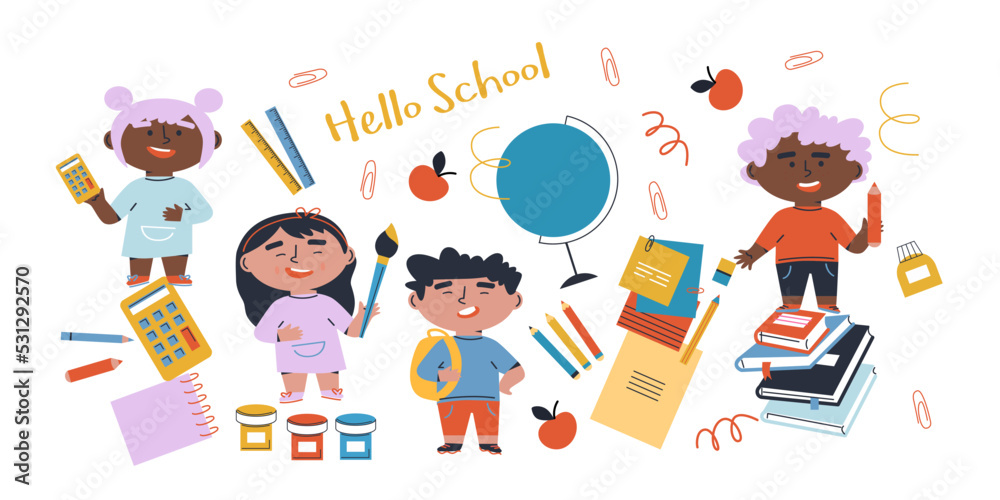 Back to school. Little boys and girls with School supplies. Cartoon flat vector illustration. Funny cartoon kids characters. Happy kids at school banner. Back to school. Little boys and girls with School supplies. Cartoon flat vector illustration. Funny cartoon kids characters. Happy kids at school banner.