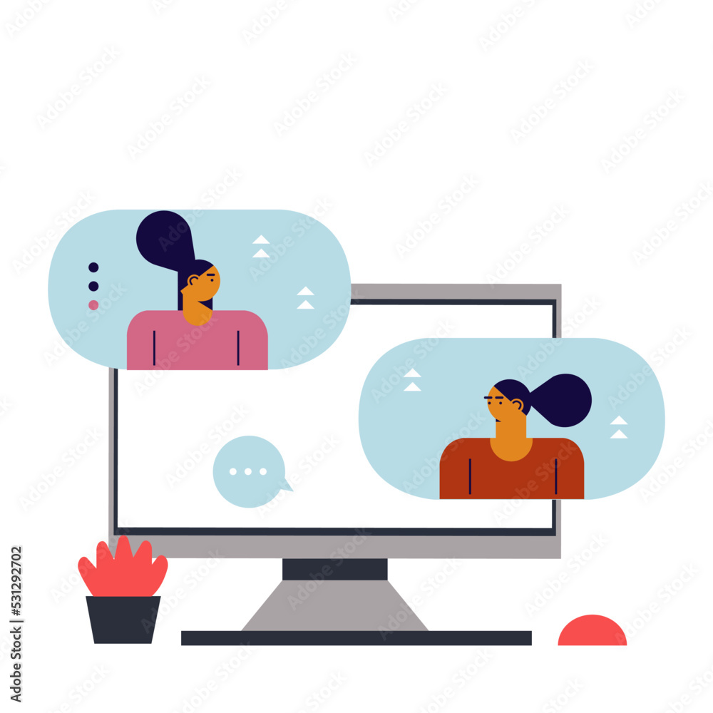 Computer Desktop with chat flat vector illustration. SEO, search engine optimization, settings, top ranking concept Computer Desktop with chat flat vector illustration. SEO, search engine optimization, settings, top ranking concept