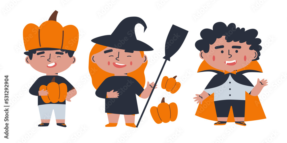 Children in Halloween costumes. Vector characters and icons for Halloween in cartoon style. Traditional Halloween elements. Children in Halloween costumes. Boo! Children in Halloween costumes. Vector characters and icons for Halloween in cartoon style. Traditional Halloween elements. Children in Halloween costumes. Boo!