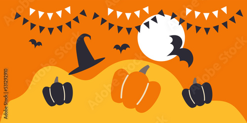 Happy Halloween banner or party invitation background with moon, bats and pumpkins in paper flat style. Cartoon illustration. Place for text