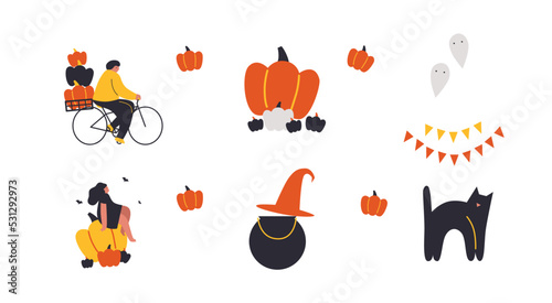 Halloween vector icons. Cartoon flat illustration. Pumpkin  black cat  moon  broom  bowler  witch. Halloween set elements. 