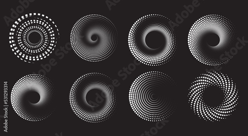Design spiral dots backdrop. Abstract monochrome background. Vector-art illustration. No gradient, Trendy design element for frame, round logo, sign, symbol, web, prints, posters, template, pattern