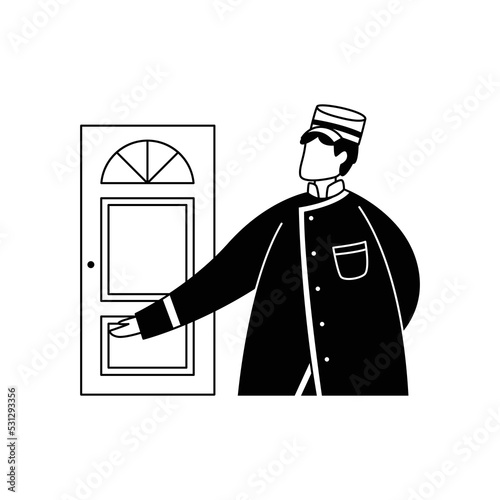 Vector illustration of the doorman at the door. The hospitality business. Profession.