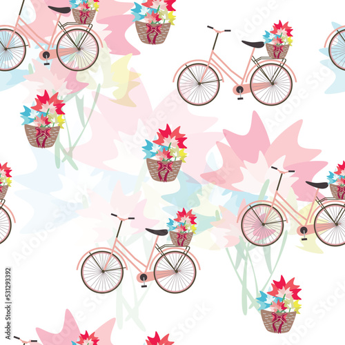 seamless pattern with bicycles and flowers - spring theme vector