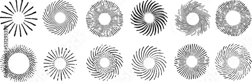 Radial grungy lines in ring form. Vintage sun logo. Retro grunge pattern. Design element for banner, poster, grungy effect, template, and background