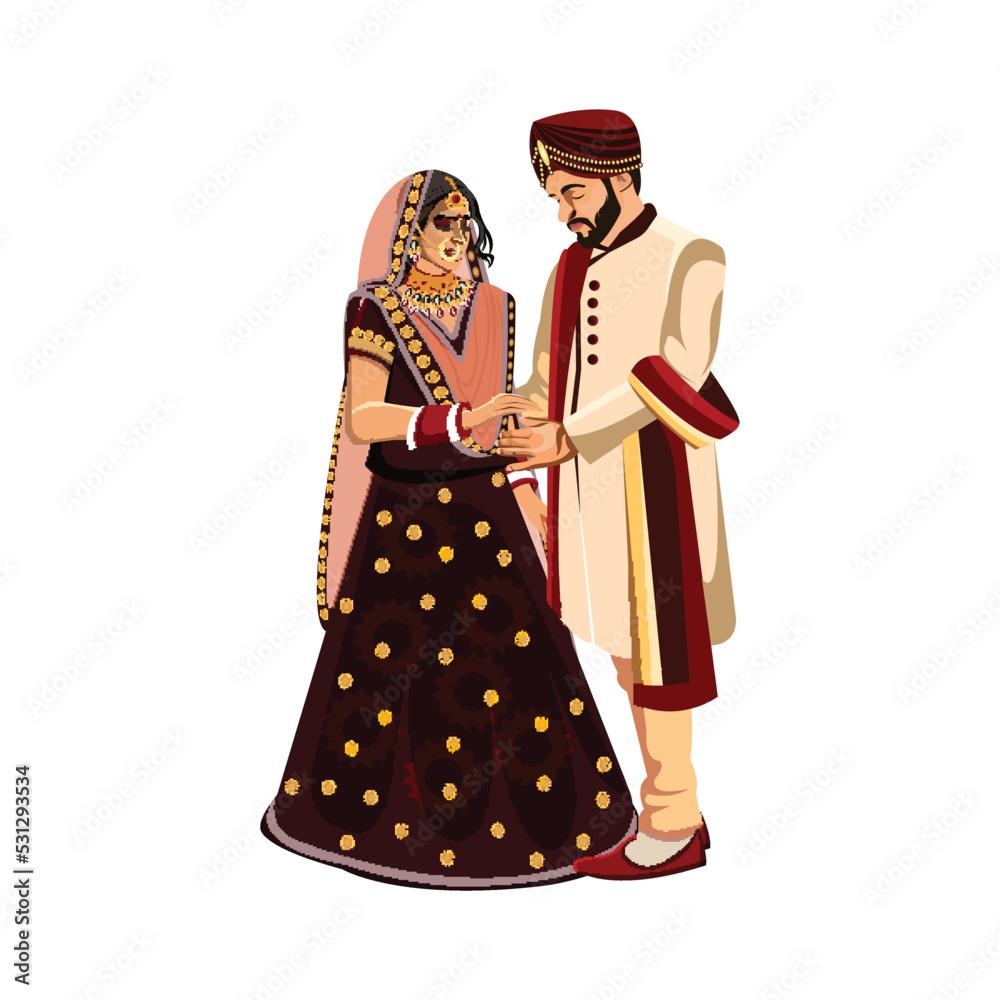 Indian wedding couple character bride and groom