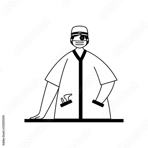 Vector illustration of an otolaryngologist in a white coat with a tool for checking the respiratory and hearing organs. Profession.