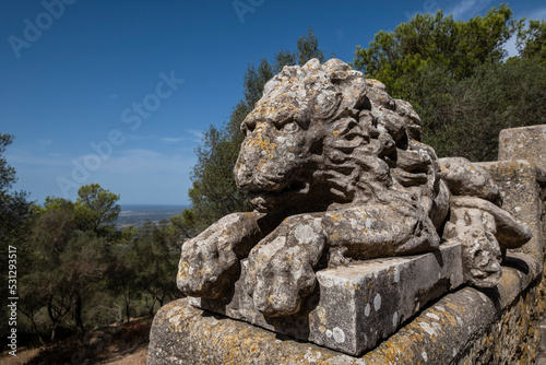 lion in Christ the King monument, Sanctuary of the Mare de Déu de Sant Salvador, XIV century., Felanitx, Majorca, Balearic Islands, Spain