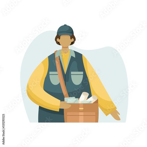 Vector illustration of a postman with a bag of letters and newspapers. Profession.