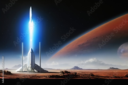 Concept illustration of Rocket launch from a newly discovered planet, Red planet at the background