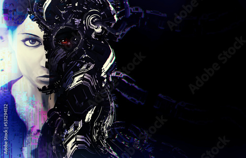 3d render artwork illustration of futuristic sci-fi cyber girl portrait with robot parts side on black background.