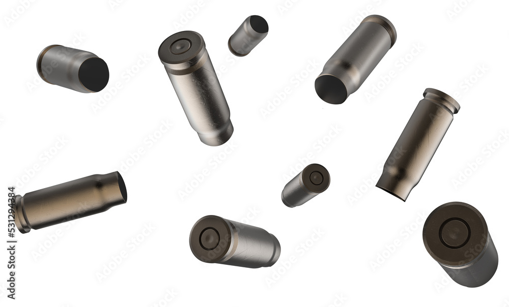 Isolated artwork illustration of various bullet or ammo shells falling on white background. Isolated artwork illustration of various bullet or ammo shells falling on white background.